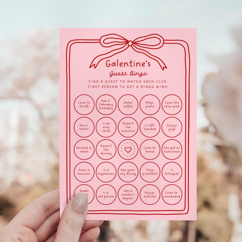 Galentines Day Bingo game, coquette bow design, printable find the guest game
