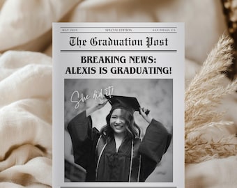 Graduation Newspaper Template, Editable Canva Graduation Announcement, Printable Photo Newspaper Gift for Grad, Senior Grad Party Download