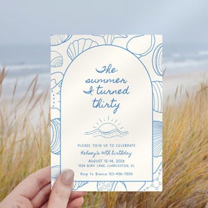 Coastal Birthday Invitation, The Summer I Turned Thirty, Editable 30th Birthday Party Invite, Seashell Canva Template, Sunset Beach Theme