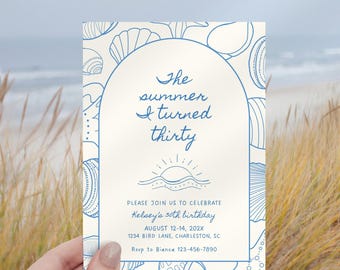 Verjaardagsuitnodiging kust, de zomer dat ik dertig werd, bewerkbare uitnodiging voor 30e verjaardagsfeestje, schelpcanvasjabloon, thema Sunset Beach
