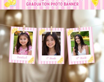 Frisch graduierte Fotobanner: Schulabschlussfeier von der Vorschule bis zum Abschluss, Lemon Grad Party Decor mit Fotos (Canva Template)