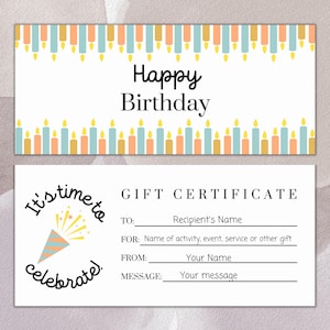 Plantilla de cupón de cumpleaños editable: certificado de regalo de "Feliz cumpleaños" imprimible, cupón personalizable para cumpleaños, cupón de regalo personalizado
