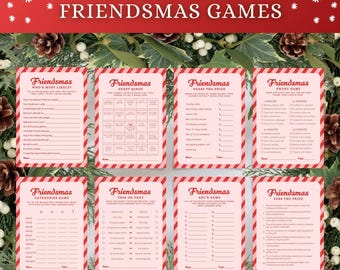 May include: A set of eight pink Friendsmas game cards with red and white striped borders. The cards include games like "Who's Most Likely" and "Guess the Price." The text "8 Editable Friendsmas Games" is at the top.
