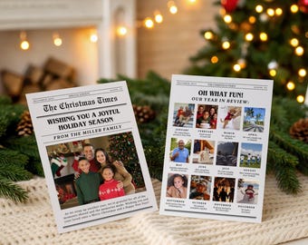 Christmas Newsletter Template, Printable Newspaper Holiday Card, Year In Review Photo Collage, Editable Family Photo Card (Canva Download)