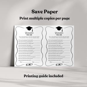 Fun grad party quiz game for friends and family, modern black and white design