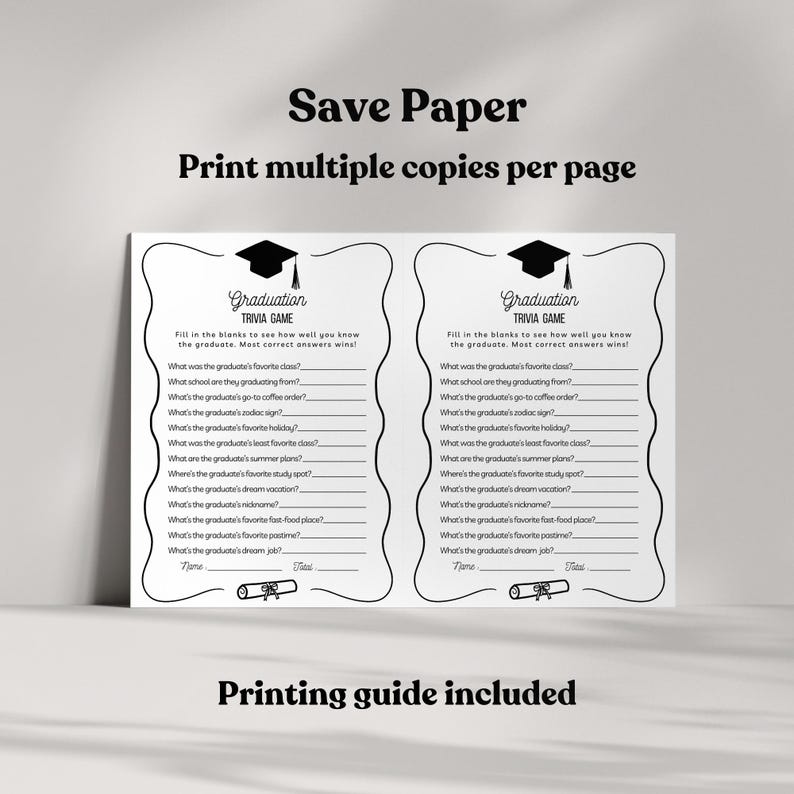Fun grad party quiz game for friends and family, modern black and white design