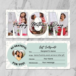 Certificado de regalo para el Día de la Madre, Vale de regalo con foto personalizado, Cupón imprimible y personalizable para mamá, Tarjeta de regalo editable, Descarga digital
