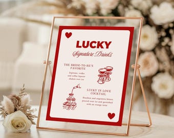Lucky in Love-drankje: vrijgezellenfeest Signature-drankmenu, bord Las Vegas Bach-feestbar, vrijgezellenfeestdecor casinothema (canvasjabloon)