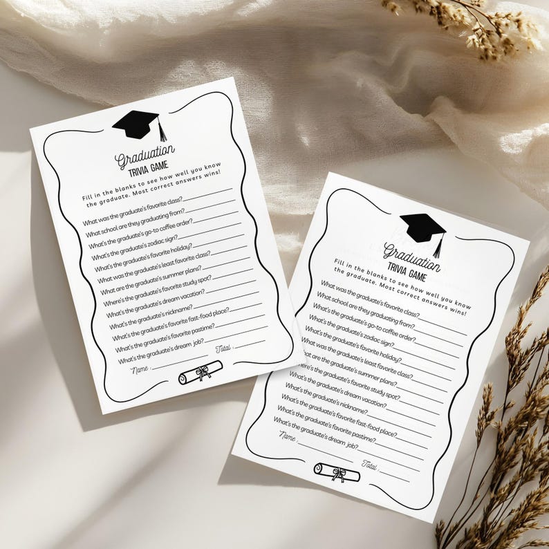 Printable graduation quiz game, fun and personal trivia for the graduate