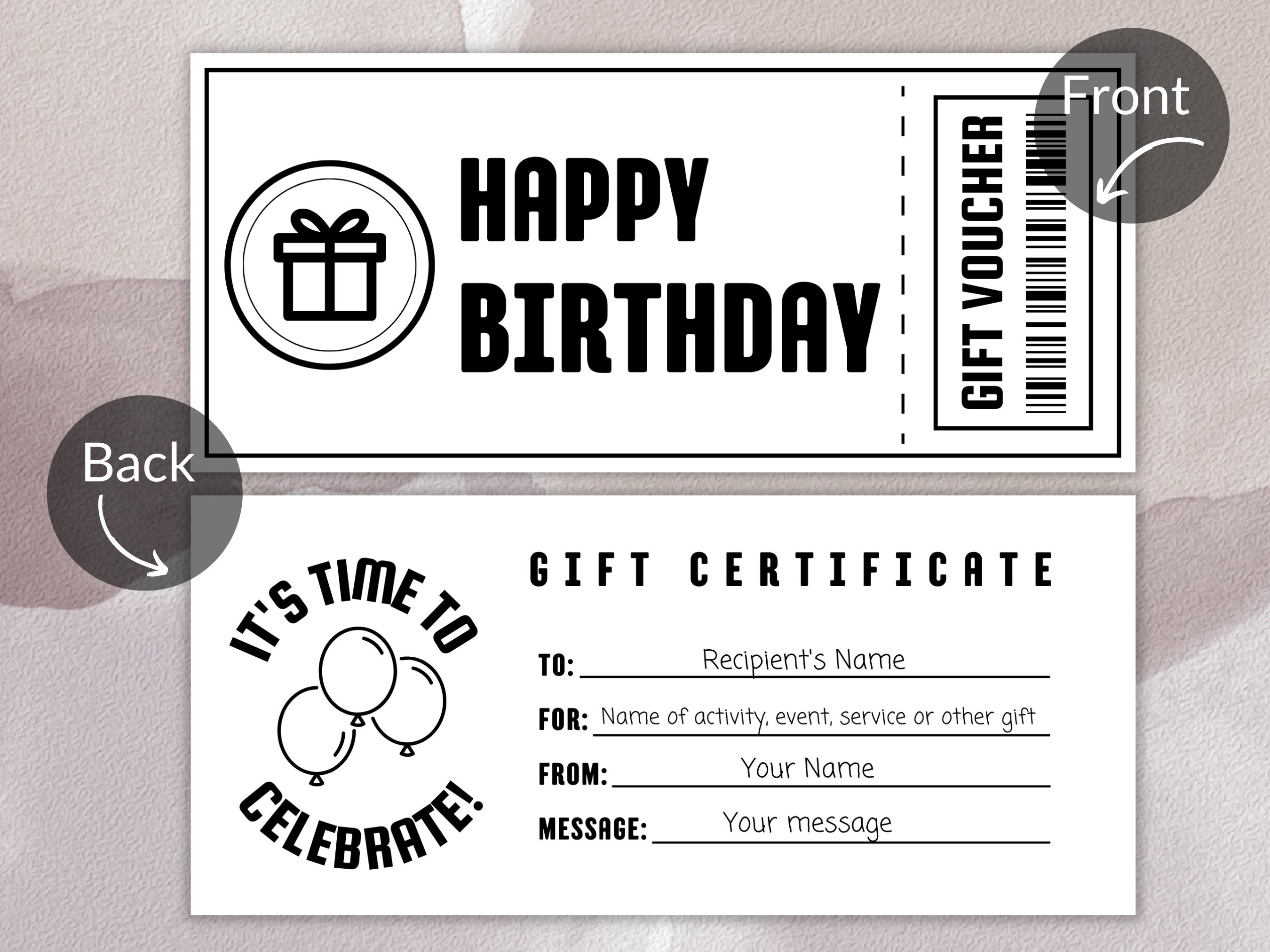 Editable Black and White Birthday Voucher Printable Coupon, Modern Gift Certificate Template
