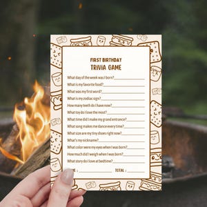 Smores First Birthday Trivia Game, Smore Fun to Be One Campfire Theme, Backyard Bonfire Party Activity, Editable 1st Birthday Canva Template