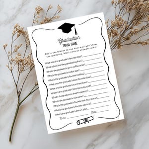 Graduation trivia game template, editable party quiz with minimalist modern design