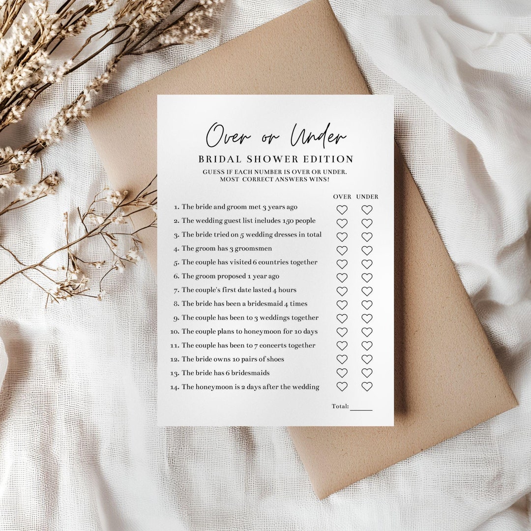 Over or Under Bridal Shower Game, Chic Bridal Party Game, Printable ...