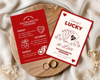 Lucky In Love vrijgezellenuitnodiging: afdrukbare Lucky In Love-uitnodiging en Bach-route, Vegas Casino-themafeestuitnodiging (canvasjabloon)