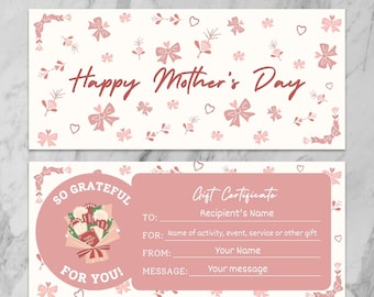 Coquette Moederdag cadeaubon, bewerkbare cadeaubon, afdrukbare waardebon voor moeder, aangepaste coupon, digitale canva download