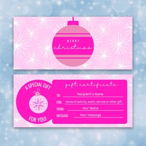 Cupom de presente de Natal editável, modelo de certificado de presente de feriado, voucher de Natal para impressão, certificado de Natal rosa, presente de Natal faça você mesmo