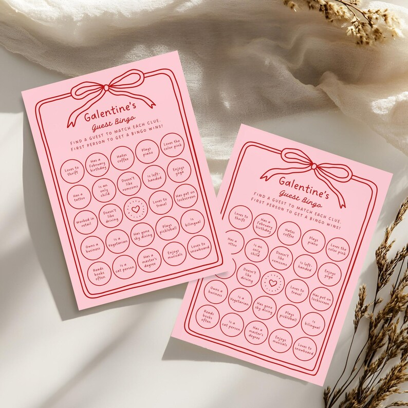 Cute coquette bow-themed bingo game, perfect for women and teen Valentines events