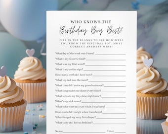 Trivia-sjabloon eerste verjaardag, wie kent de jarige het beste, afdrukbare jongens 1e verjaardagsfeestje spel, bewerkbare Canva trivia-kaarten