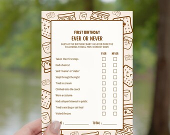 Smores eerste verjaardag ooit of nooit spel, Smore Fun to Be One feestactiviteit, bewerkbare kampvuurthemasjabloon, vreugdevuur 1e verjaardag spel
