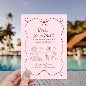 Girls Gone Mild vrijgezellenfeest weekenduitnodiging, Spa Bach uitnodiging, afdrukbaar reisschema voor meisjes, bewerkbare handgetekende slaapfeestje uitnodigen