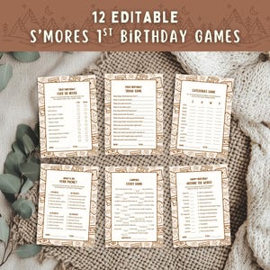 Smores Birthday Games Bundle, Smore Fun to Be One Party Activities, Editable Camping 1st Birthday Game Set, Campfire Bonfire Canva Templates