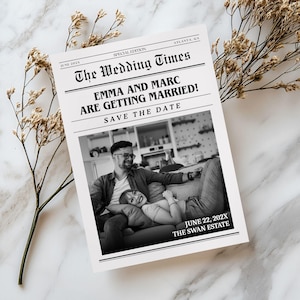 Newspaper Save the Date Card, Editable Wedding Announcement Template, Printable Photo Save the Date, Custom Save the Dates, Canva Download
