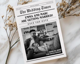 Newspaper Save the Date Card, Editable Wedding Announcement Template, Printable Photo Save the Date, Custom Save the Dates, Canva Download