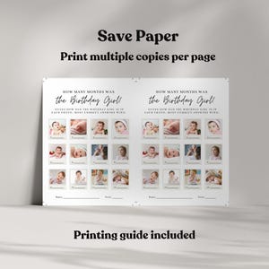 Fun 12-month photo guessing game for girls first birthday party, Canva template