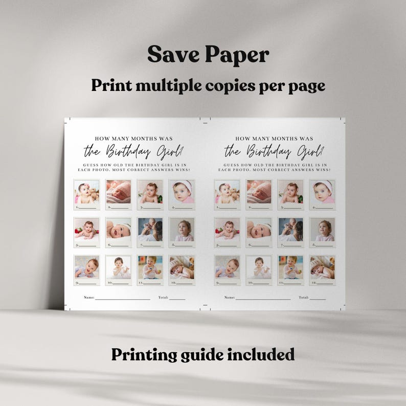 Fun 12-month photo guessing game for girls first birthday party, Canva template
