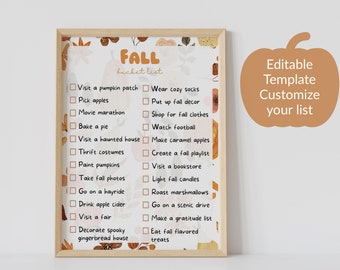 May include: Printable checklist with a fall theme. The checklist includes activities like visiting a pumpkin patch, picking apples, and baking a pie. The background features a watercolor design with fall leaves and pumpkins.
