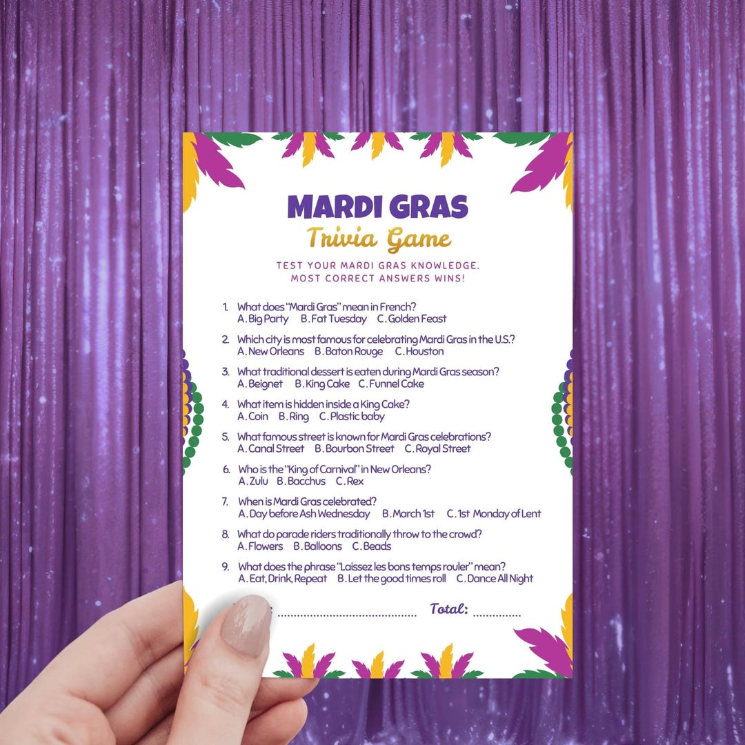 Mardi Gras Trivia Game: Printable Mardi Gras Games, Fat Tuesday Party ...