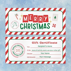 Modèle de coupon-cadeau de Noël, chèque-cadeau de vacances bricolage, bon-cadeau d'expérience imprimable, cartes-cadeaux de Noël modifiables, téléchargement numérique