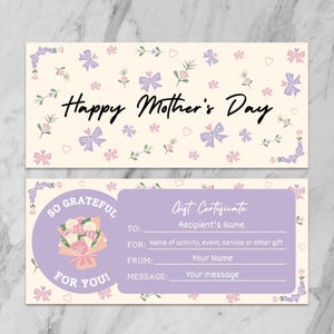 Moederdagvoucher, afdrukbare cadeaubon voor moeder, bewerkbare spa-dagcoupon, digitaal ticket DIY, Floral Coquette-cadeaubon downloaden