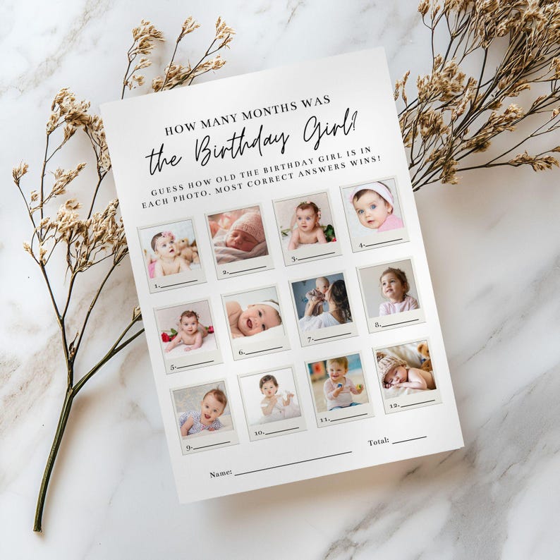 Interactive girls birthday party game, 12-month age guess game, printable template