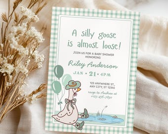 May include: Baby shower invitation with a playful design. The card features a cartoon goose wearing a hat and boots, with the text "A silly goose is almost loose!". The invitation includes details for Riley Anderson's baby shower, with balloons and a pond illustration.
