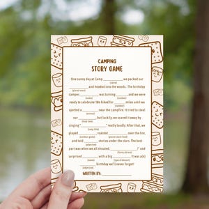 Smores Birthday Story Game, Printable Camping Party Activity, DIY Backyard Bonfire Birthday Game, Editable Campfire Theme Canva Template