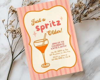 Just a Spritz Older Birthday Invitation, Italian Spritz Cocktail Party Invite, Orange Citrus Bubbly Summer Birthday Theme, Canva Template