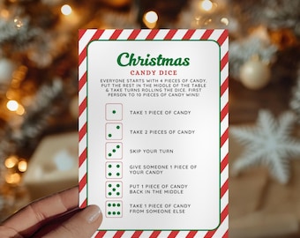 Kerstsnoep dobbelspel, geef het snoep door afdrukbare, feestactiviteit voor kinderen of volwassenen, klaslokaal of kantoorspel (canvasjabloon)
