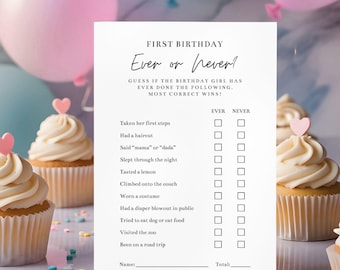 Eerste verjaardagsspel: ooit of nooit, trivia eerste verjaardag meisjes, bewerkbare verjaardagsquizkaarten, printables babyverjaardagsfeestje (canvasjabloon)