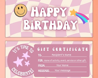 Sjabloon cadeaubon verjaardag, retro verjaardagsbon, bewerkbare cadeaubon, afdrukbaar verjaardagscadeau, aangepaste cadeaubon, Groovy