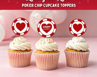 Lucky In Love cupcake-toppers: afdrukbare pokerchip-cupcaketoppers voor casinothemafeest, Las Vegas-vrijgezellendecor (canvasjabloon)