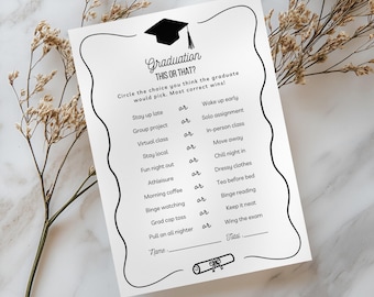 Afstuderen dit of dat spelsjabloon, bewerkbaar afstudeerspel, zou liever de afgestudeerde zijn, moderne afstuderentrivia, leuke afdrukbare activiteit
