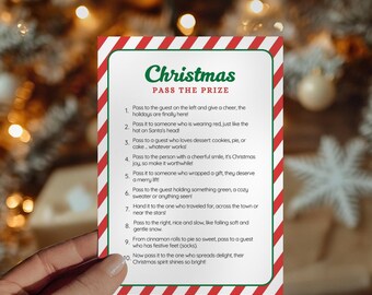 Kerstpas het prijsspel, links rechts kerstfeestactiviteit voor kinderen of volwassenen, afdrukbaar kerstpas het cadeau-spel (canvasjabloon)