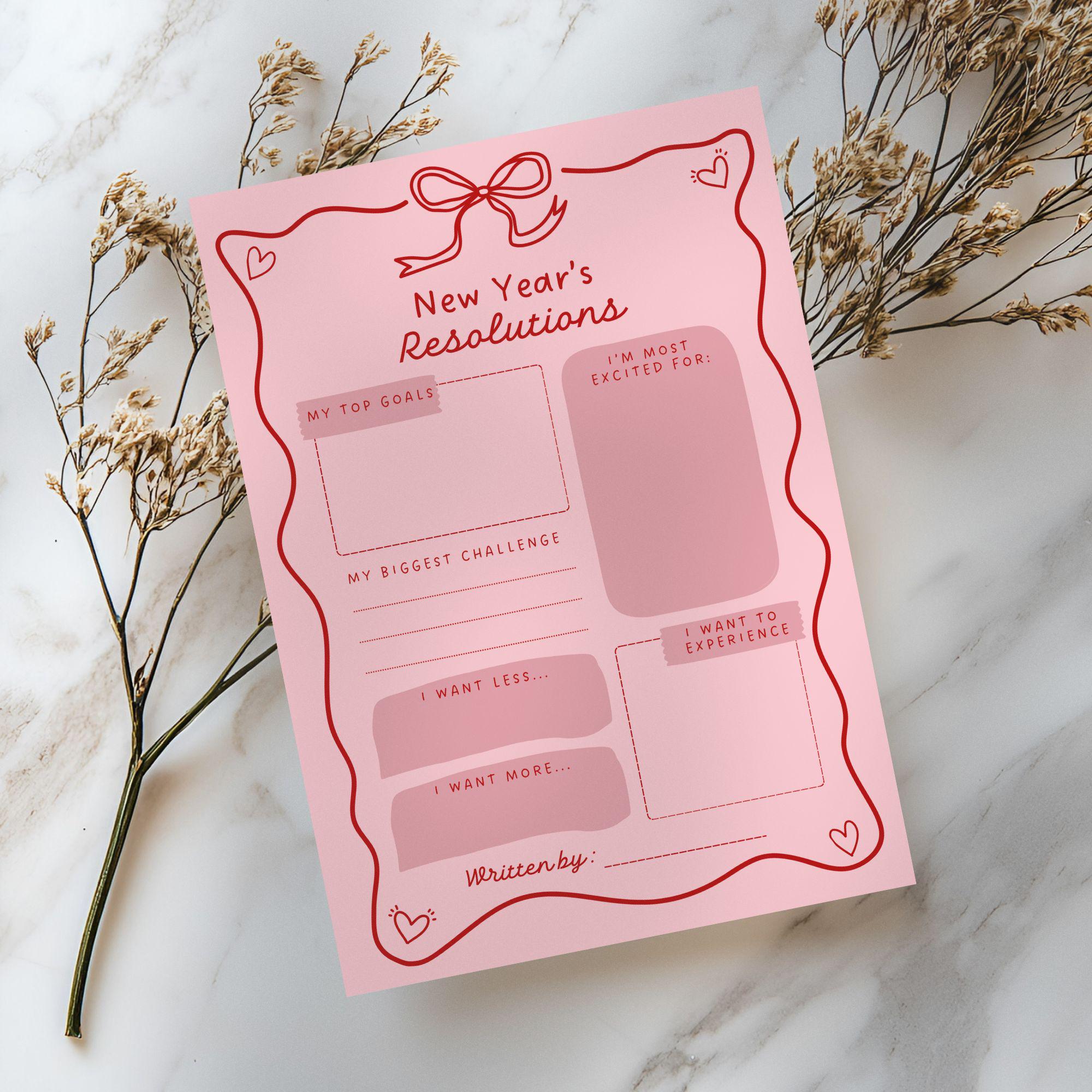 Resolution Card Design 2026 Resolutions Card Template, Printable Coquette Goal Setting ...