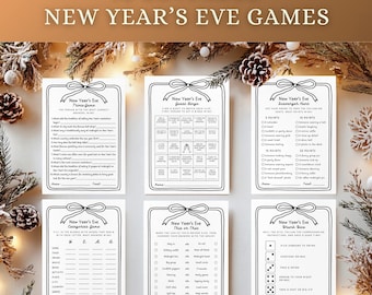 May include: A collection of six printable New Year's Eve games, including trivia, bingo, and scavenger hunts. The games are designed with a black and white theme, featuring decorative bows and text. The top text reads "12 Editable New Year's Eve Games."