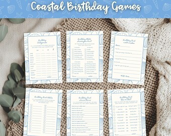 May include: Six printable coastal-themed birthday party games. The games include categories, photo scavenger hunt, well wishes, ABCs, summertime, and this or that. The games are on white cards with blue seashell designs and text that reads "12 Editable Coastal Birthday Games."