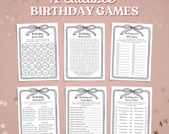 Coquette Birthday Games Bundle, Printable Womens Party Games, Editable Game Templates for Teens, Birthday Girl Trivia, Hand Drawn Bow Cards