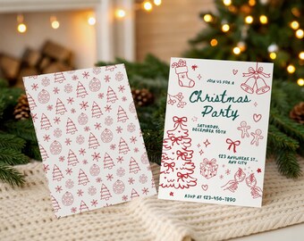 May include: Two white Christmas party invitations. One features a red pattern of trees, snowflakes, and ornaments. The other has the text "Christmas Party" with festive illustrations, date, address, and RSVP phone number.