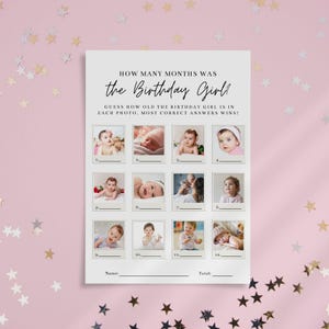 Printable first birthday game, guess how many months old the birthday girl is in photos