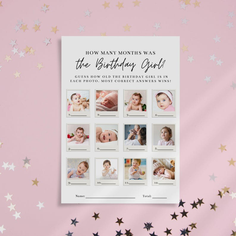 Printable first birthday game, guess how many months old the birthday girl is in photos